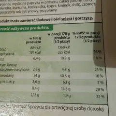Tabela wartości odżywczych pizzy. Czy pizza Guseppe jest zdrowa? 1 porcja (1/2 pizzy) to 325 kcal, 10,9g tłuszczu, 40,8g węglowodanów, 6,1g cukru, 14,3g białka, 1,9g soli.