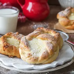 Puszyste drożdżówki z serem, posypane cukrem pudrem, obok szklanka mleka i czerwone dzbanki. Idealne na śniadanie.