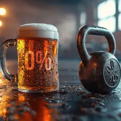 Kufel piwa z napisem "0%" i hantla kettlebell na siłowni. Idealne dla tych, którzy szukają piwa zero cukru po treningu.