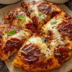 Pyszne, gorące ciasto na pizzę amerykańską z serem i pepperoni, ozdobione listkami bazylii. Idealne na wieczór filmowy!