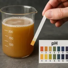 Testowanie pH piwa. Pasek wskaźnikowy zmienia kolor, porównywany z paletą barw.