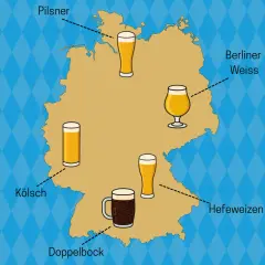 Mapa Niemiec z zaznaczonymi piwami: Pilsner, Kölsch, Doppelbock, Berliner Weisse i Hefeweizen.