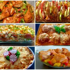 Kolorowe dania, w tym pieczony kurczak z warzywami, zapiekanka mięsna i klopsiki w sosie, to inspiracje kuchni fusion.