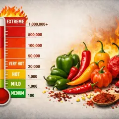 Termometr ostrości z papryczkami chili i płomieniami. Skala od "Medium" do "Extreme" pokazuje, że to najostrzejsza kuchnia świata.