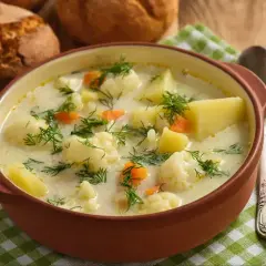 Kremowa zupa z kalafiora i ziemniaków, posypana koperkiem. Idealna na chłodne dni, jedna z tych dobrych zup domowych.