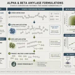 Schemat ścieżki konwersji skrobi z udziałem alfa i beta amylazy, podkreślający rolę beta amylazy w zwiększaniu fermentowalności.