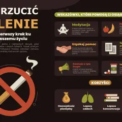 Grafika przedstawia wskazówki, jak rzucić palenie, z ikoną papierosa w czerwonym kółku. Wśród porad: medytacja, zdrowe odżywianie, wsparcie, lista powodów, rozmowa z bliskimi i leki. Korzyści to oszczędność, lepszy oddech, koncentracja i zdrowsze serce.