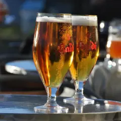 Dwa kieliszki złocistego piwa z pianką, idealne na letni wieczór. W tle widać innych gości i subtelny aromat chmielu, który sugeruje proces dry hopping.