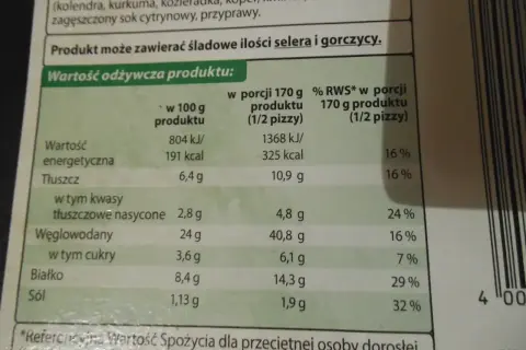 Tabela wartości odżywczych pizzy. Czy pizza Guseppe jest zdrowa? 1 porcja (1/2 pizzy) to 325 kcal, 10,9g tłuszczu, 40,8g węglowodanów, 6,1g cukru, 14,3g białka, 1,9g soli.