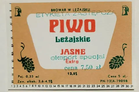 Etykieta piwa Leżajskie Jasne eksport specjal. Cena 7,50 zł, zawartość alkoholu 3,6-4,5%. To jest leżajski full!