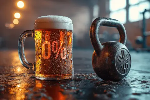 Kufel piwa z napisem "0%" i hantla kettlebell na siłowni. Idealne dla tych, którzy szukają piwa zero cukru po treningu.
