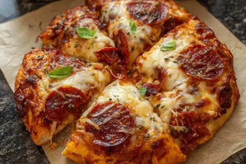 Pyszne, gorące ciasto na pizzę amerykańską z serem i pepperoni, ozdobione listkami bazylii. Idealne na wieczór filmowy!