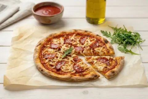 Pyszna pizza pepperoni, z ciągnącym się serem i rukolą. To prawdziwa pizza przemyślana, idealna na każdą okazję.