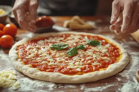 Ręce posypują pizzę serem, pokazując, jak zrobić pizzę krok po kroku. Na stole pomidory, bazylia i mąka.