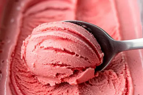 Pyszne, domowe lody truskawkowe z przepisu. Łyżka nabiera porcję kremowego, różowego deseru.