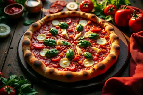 Pyszna pizza amerykańska z pomidorami, mozzarellą i bazylią, gotowa do podania.