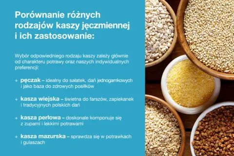 Różne rodzaje kasz: pęczak, wiejska, perłowa i mazurska, z opisem ich zastosowań w kuchni.
