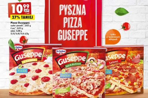 Pyszna pizza Guseppe: 4 sery, szynka i pieczarki, salami. Idealna na szybki obiad, zaspokoi głód i dostarczy energii.