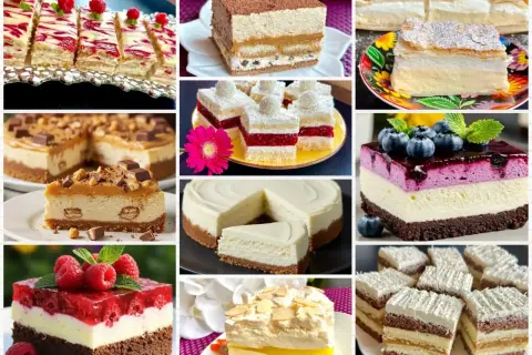 Jakie ciasto! Kolekcja pysznych deserów: sernik z bakaliami, tiramisu, ciasto z malinami i borówkami, a także inne słodkości.