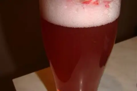 Czerwone piwo z sokiem, z obfitą pianką i kawałkami owoców na wierzchu. Idealne na letnie popołudnie.
