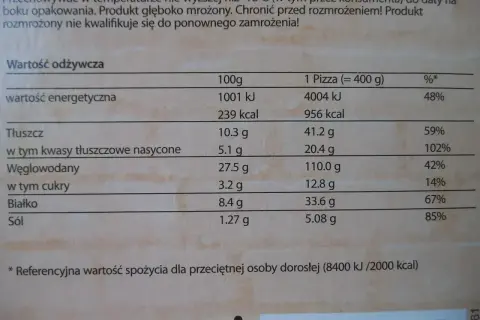 Tabela wartości odżywczych pizzy Guseppe 4 sery: 1 pizza (400g) ma 956 kcal.
