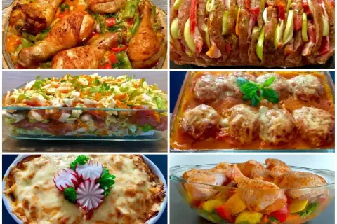 Kolorowe dania, w tym pieczony kurczak z warzywami, zapiekanka mięsna i klopsiki w sosie, to inspiracje kuchni fusion.