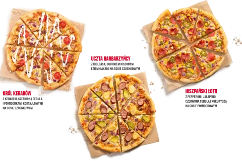 Trzy pizze: Król Kebabów, Uczta Barbarzyńcy i Hiszpański Łotr. Różne rozmiary pizzy i składniki.