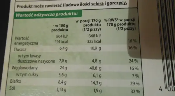 Tabela wartości odżywczych pizzy. Czy pizza Guseppe jest zdrowa? 1 porcja (1/2 pizzy) to 325 kcal, 10,9g tłuszczu, 40,8g węglowodanów, 6,1g cukru, 14,3g białka, 1,9g soli.
