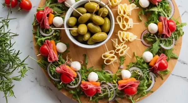 Kolorowa deska z przekąskami: szaszłyki z pomidorkami, mozzarellą, salami i marchewką, oliwki, ser do sałatek.
