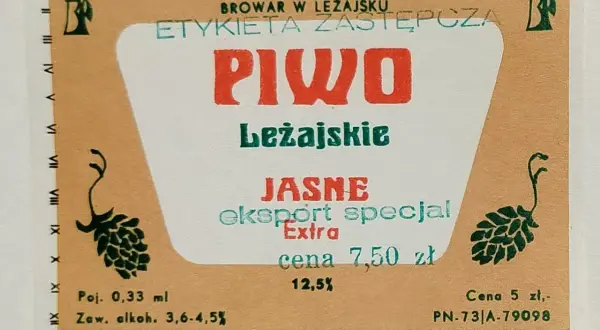 Etykieta piwa Leżajskie Jasne eksport specjal. Cena 7,50 zł, zawartość alkoholu 3,6-4,5%. To jest leżajski full!