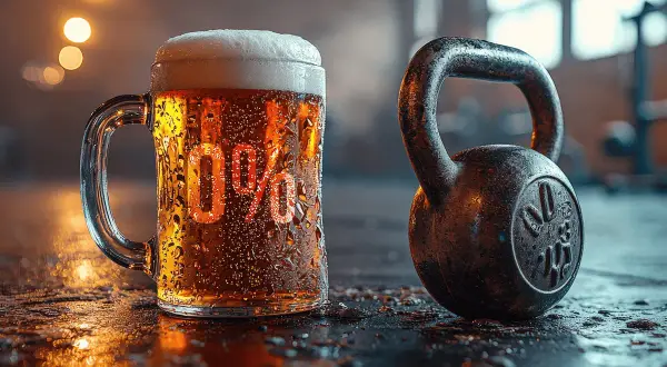 Kufel piwa z napisem "0%" i hantla kettlebell na siłowni. Idealne dla tych, którzy szukają piwa zero cukru po treningu.