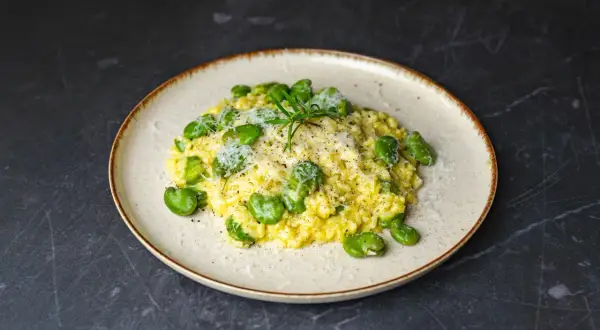 Risotto z bobem i parmezanem, jedno z pysznych włoskich dań głównych, udekorowane gałązką rozmarynu.