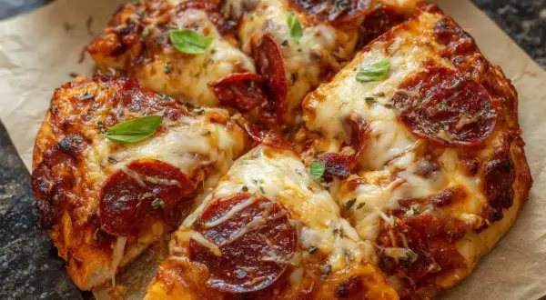 Pyszne, gorące ciasto na pizzę amerykańską z serem i pepperoni, ozdobione listkami bazylii. Idealne na wieczór filmowy!