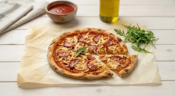 Pyszna pizza pepperoni, z ciągnącym się serem i rukolą. To prawdziwa pizza przemyślana, idealna na każdą okazję.