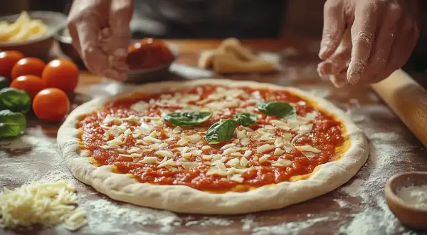 Ręce posypują pizzę serem, pokazując, jak zrobić pizzę krok po kroku. Na stole pomidory, bazylia i mąka.