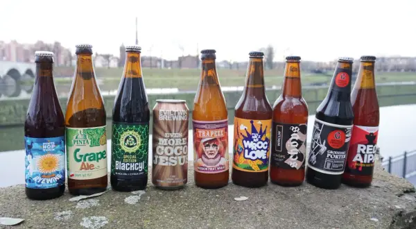 Rząd butelek i puszka piwa, w tym piwo dla kobiet "Grape Ale".