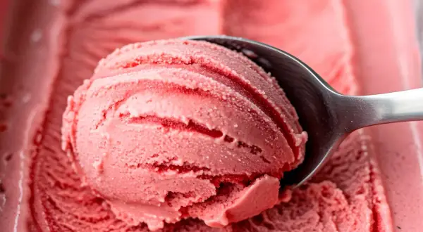 Pyszne, domowe lody truskawkowe z przepisu. Łyżka nabiera porcję kremowego, różowego deseru.