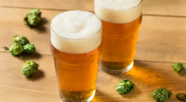 Dwa szklanki orzeźwiającego hazy IPA na drewnianym blacie, otoczone świeżymi szyszkami chmielu.