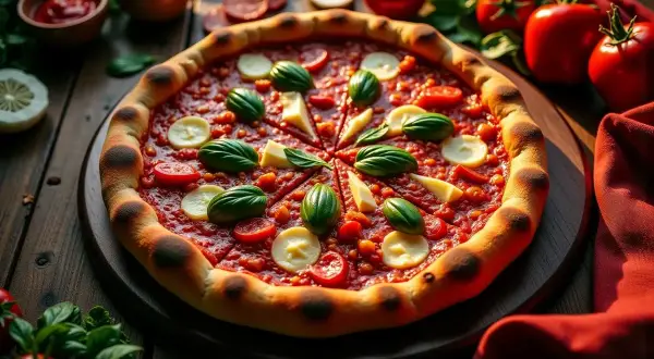 Pyszna pizza amerykańska z pomidorami, mozzarellą i bazylią, gotowa do podania.