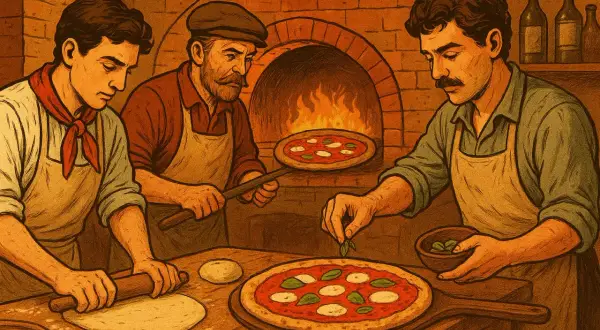 Trzech kucharzy w tradycyjnych strojach przygotowuje pizzę przy piecu. Czy to oni wymyślili pizzę?