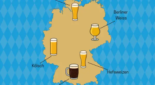 Mapa Niemiec z zaznaczonymi piwami: Pilsner, Kölsch, Doppelbock, Berliner Weisse i Hefeweizen.