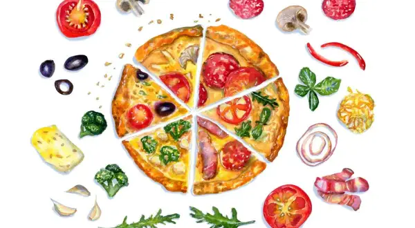 Odkryj oryginalne nazwy pizzy! Kawałki pizzy z salami, pomidorami, oliwkami, brokułami i serem, otoczone składnikami: pomidory, pieczarki, papryczki, bazylia, cebula, boczek.