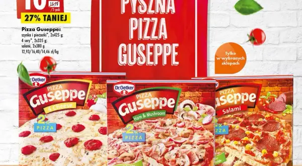 Pyszna pizza Guseppe: 4 sery, szynka i pieczarki, salami. Idealna na szybki obiad, zaspokoi głód i dostarczy energii.