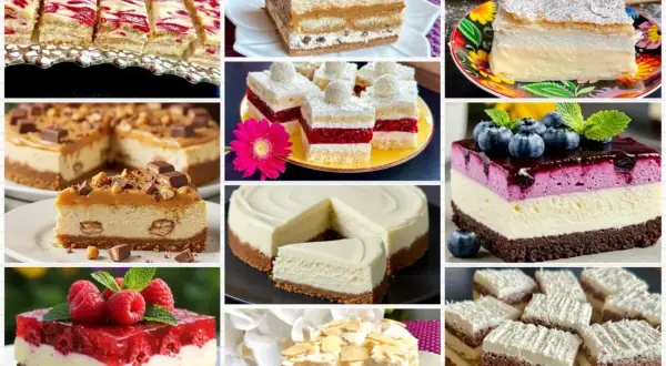 Jakie ciasto! Kolekcja pysznych deserów: sernik z bakaliami, tiramisu, ciasto z malinami i borówkami, a także inne słodkości.