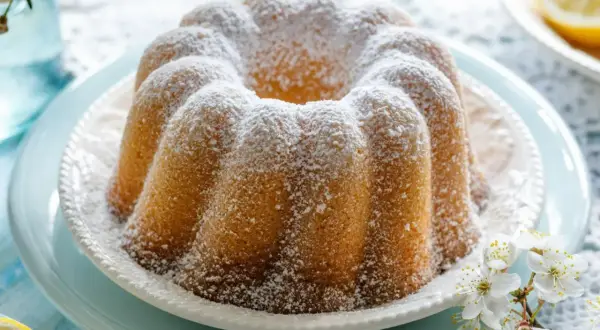 Puszysta babka cytrynowa oprószona cukrem pudrem, ozdobiona gałązką kwitnącej wiśni. Idealna na wiosenne popołudnie.