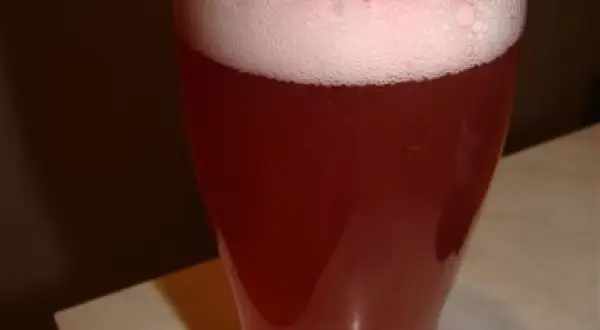 Czerwone piwo z sokiem, z obfitą pianką i kawałkami owoców na wierzchu. Idealne na letnie popołudnie.