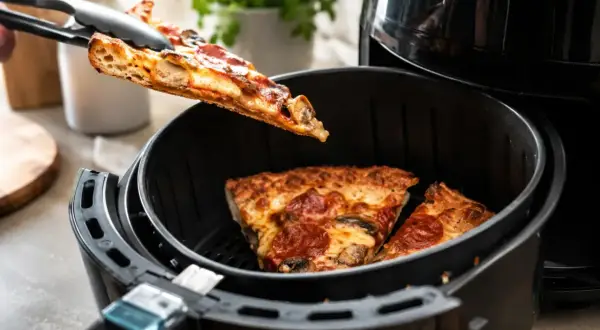 Jak odgrzać pizzę na patelni? Włóż kawałki pizzy do frytkownicy beztłuszczowej, aby uzyskać chrupiący spód i idealnie roztopiony ser.