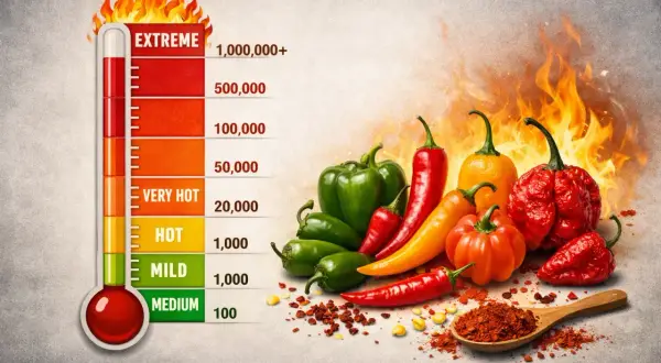 Termometr ostrości z papryczkami chili i płomieniami. Skala od "Medium" do "Extreme" pokazuje, że to najostrzejsza kuchnia świata.