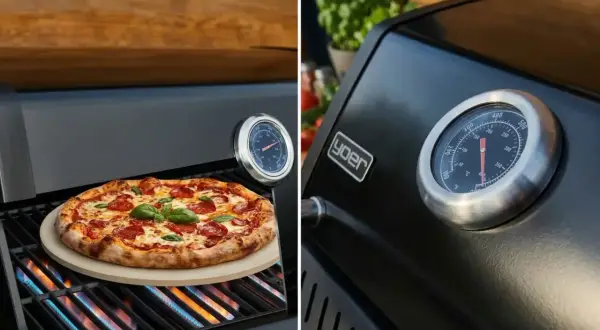 Idealna pizza na kamieniu, lekko niedopieczona, z widocznym termometrem na grillu.