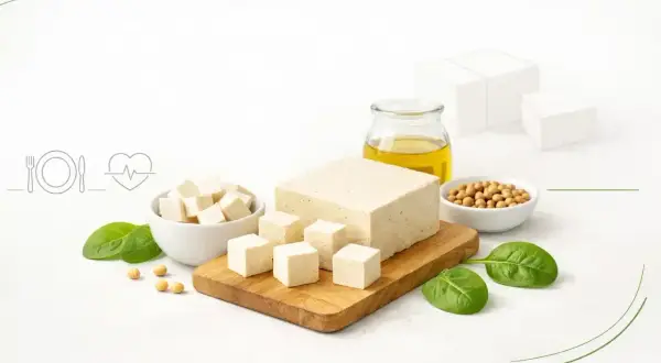 Kostki tofu, oliwa, soja i szpinak. Czy tofu jest kaloryczne? Zależy od sposobu przygotowania, ale samo w sobie jest zdrowe.